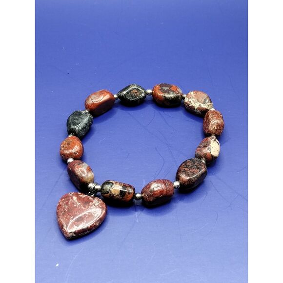 Red Brecciated Jasper Square Bracelet with a heart shaped charm - Picture 1 of 4